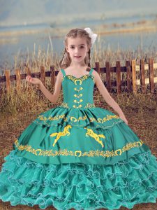 Trendy Organza Straps Sleeveless Lace Up Beading and Embroidery and Ruffled Layers Little Girl Pageant Dress in Teal