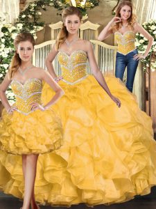 Elegant Sweetheart Sleeveless Quinceanera Gowns Floor Length Beading and Ruffles Gold Organza