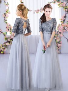 Grey Lace Up Scoop Appliques Court Dresses for Sweet 16 Tulle Half Sleeves