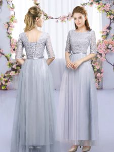 Customized Floor Length Grey Quinceanera Court of Honor Dress Scoop Half Sleeves Lace Up