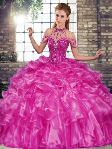 Fuchsia Halter Top Neckline Beading and Ruffles Vestidos de Quinceanera Sleeveless Lace Up