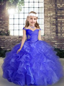 Blue Organza Lace Up Child Pageant Dress Sleeveless Floor Length Beading and Ruffles and Ruching
