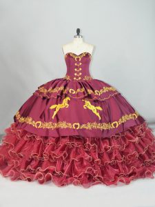Great Burgundy Ball Gowns Embroidery and Ruffled Layers Sweet 16 Quinceanera Dress Lace Up Satin and Organza Sleeveless