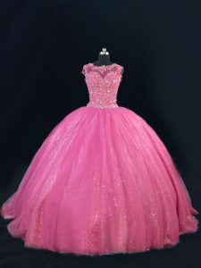 Wonderful Hot Pink Lace Up Scoop Beading and Lace and Sequins Sweet 16 Dress Tulle Sleeveless