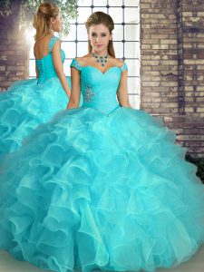 Decent Organza Off The Shoulder Sleeveless Lace Up Beading and Ruffles Vestidos de Quinceanera in Aqua Blue