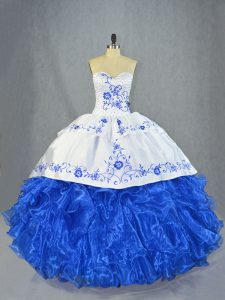 Blue And White Lace Up Sweetheart Beading and Embroidery and Ruffles Quinceanera Gowns Organza Sleeveless Brush Train