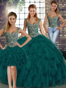 Peacock Green Lace Up Straps Beading and Ruffles Quinceanera Dress Organza Sleeveless