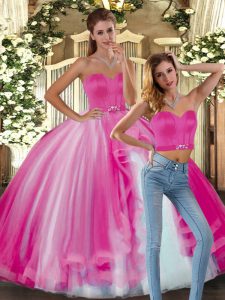 Fuchsia Ball Gowns Beading Quinceanera Gowns Lace Up Tulle Sleeveless Floor Length