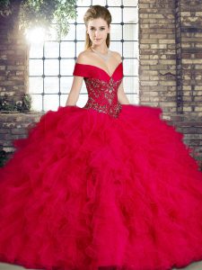 Beading and Ruffles Quinceanera Gown Red Lace Up Sleeveless Floor Length
