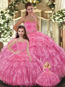Rose Pink Sleeveless Organza Lace Up Quinceanera Gowns for Sweet 16 and Quinceanera