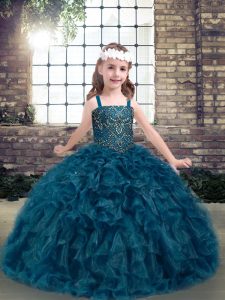 Nice Teal Lace Up Straps Beading and Ruffles Custom Made Pageant Dress Organza Sleeveless