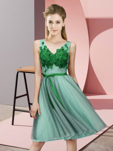 Clearance Knee Length Apple Green Vestidos de Damas Tulle Sleeveless Appliques