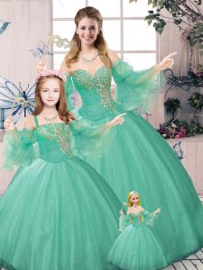 Green Ball Gowns Tulle Sweetheart Long Sleeves Beading and Ruching Floor Length Lace Up Sweet 16 Dresses