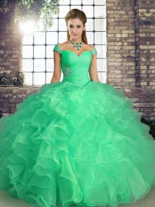 Attractive Off The Shoulder Sleeveless 15th Birthday Dress Floor Length Beading and Ruffles Turquoise Organza