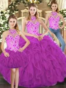 Fashionable Fuchsia Halter Top Neckline Embroidery and Ruffles 15 Quinceanera Dress Sleeveless Lace Up