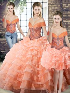 Pretty Peach Lace Up Off The Shoulder Beading and Ruffled Layers Quinceanera Gown Organza Sleeveless Brush Train