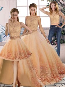 Wonderful Sleeveless Tulle Sweep Train Backless Sweet 16 Dress in Peach with Lace