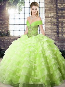 Excellent Organza Off The Shoulder Sleeveless Brush Train Lace Up Beading and Ruffled Layers Sweet 16 Quinceanera Dress in Yellow Green