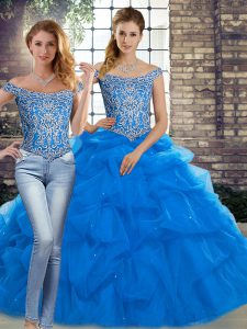 Blue Sleeveless Beading and Pick Ups Lace Up Vestidos de Quinceanera