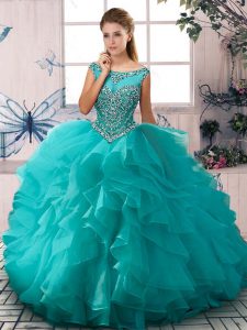 Sleeveless Floor Length Beading and Ruffles Zipper 15 Quinceanera Dress with Aqua Blue