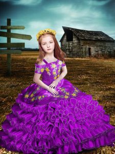 Purple Ball Gowns Off The Shoulder Short Sleeves Organza Floor Length Lace Up Embroidery and Ruffled Layers Pageant Dress