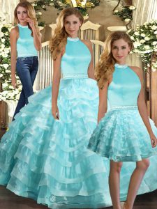 Smart Halter Top Sleeveless Sweet 16 Dress Floor Length Ruffled Layers Aqua Blue Organza