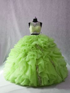 Organza Sleeveless Ball Gown Prom Dress Brush Train and Beading and Ruffles