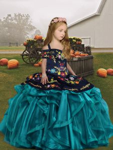 Eye-catching Teal Sleeveless Embroidery and Ruffles Floor Length Little Girls Pageant Dress Wholesale