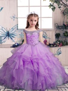 Enchanting Ball Gowns Little Girls Pageant Dress Lilac Off The Shoulder Organza Sleeveless Floor Length Lace Up