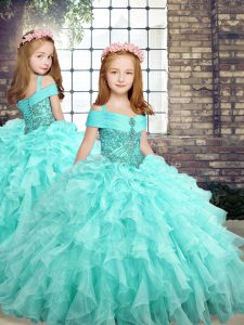 Aqua Blue Lace Up Pageant Dress Wholesale Beading and Ruffles Sleeveless Floor Length