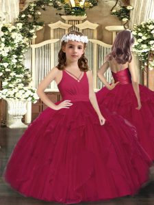Burgundy Sleeveless Floor Length Ruffles and Ruching Zipper Little Girls Pageant Dress