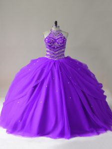 Purple Ball Gowns Halter Top Sleeveless Tulle Floor Length Lace Up Beading Quinceanera Dress