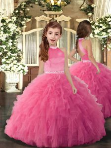 Floor Length Rose Pink Little Girls Pageant Dress Wholesale Tulle Sleeveless Beading and Ruffles