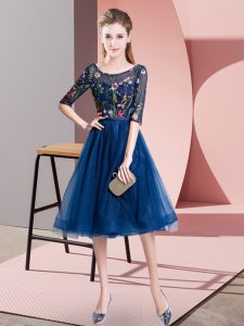 Custom Design Navy Blue Half Sleeves Knee Length Embroidery Lace Up Quinceanera Dama Dress