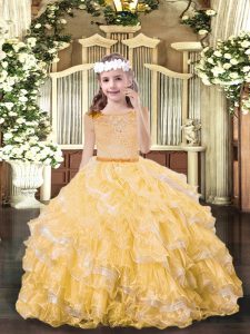 Trendy Gold Zipper Scoop Beading and Ruffled Layers Evening Gowns Organza Sleeveless