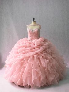 Organza Sleeveless Quinceanera Gown Brush Train and Beading and Ruffles and Pick Ups