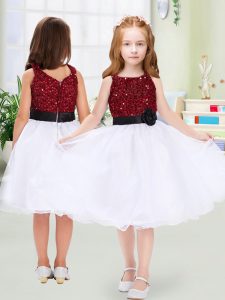 Superior Sleeveless Knee Length Sequins and Hand Made Flower Zipper Little Girl Pageant Gowns with White