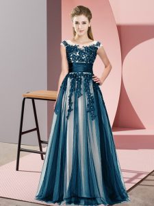 Navy Blue Sleeveless Beading and Lace Floor Length Dama Dress for Quinceanera