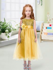 Stunning Gold Scoop Zipper Sequins and Hand Made Flower Pageant Dresses Sleeveless