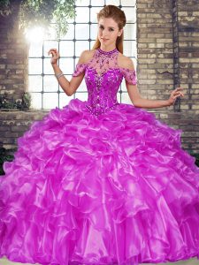 Purple Halter Top Neckline Beading and Ruffles 15 Quinceanera Dress Sleeveless Lace Up