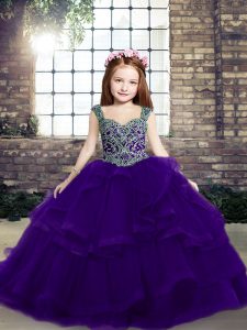 New Arrival Purple Lace Up Straps Beading Little Girl Pageant Gowns Tulle Sleeveless