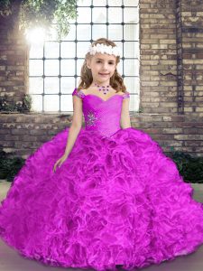 Adorable Fuchsia Straps Lace Up Beading Little Girls Pageant Gowns Sleeveless