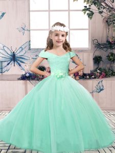 Pretty Sleeveless Lace Up Floor Length Lace and Belt Little Girls Pageant Gowns