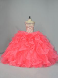 Beauteous Watermelon Red Sleeveless Organza Lace Up Quinceanera Dresses for Sweet 16 and Quinceanera
