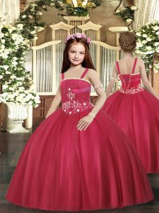 Red Ball Gowns Straps Sleeveless Tulle Floor Length Lace Up Beading Glitz Pageant Dress