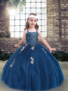 Cheap Blue Ball Gowns Appliques Kids Pageant Dress Lace Up Tulle Sleeveless Floor Length