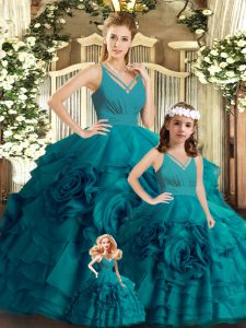 Traditional Teal Ball Gown Prom Dress Organza Brush Train Sleeveless Ruffles