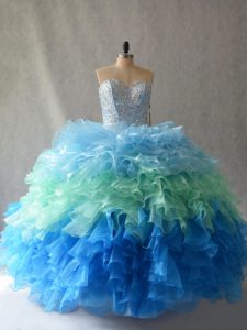Edgy Multi-color Sweetheart Neckline Beading and Ruffles 15th Birthday Dress Sleeveless Lace Up
