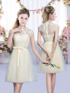Champagne High-neck Neckline Lace and Bowknot Quinceanera Dama Dress Cap Sleeves Lace Up