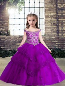 Off The Shoulder Sleeveless Little Girls Pageant Gowns Floor Length Beading and Lace and Appliques Eggplant Purple Chiffon